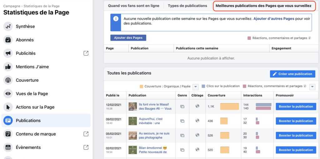 Statistiques Facebook meilleures publications des Pages que vous suivez